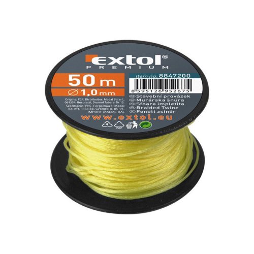 EXTOL PREMIUM kőműves zsinór, sodort; PE, 1,7mm×50m, sárga, orsón