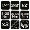 NEO TOOLS Nyomatékkulcs készlet 3db, 1/4"(5-23 Nm), 3/8"(20-120 Nm), 1/2"(60-330 Nm) 08-843