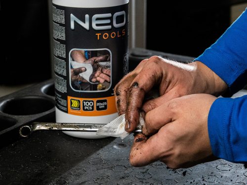 NEO TOOLS Kéztisztító kendő, 100 lap, ragasztó, gyanta, szilikon, lakk, festék, poliuretán hab és polimer 10-407