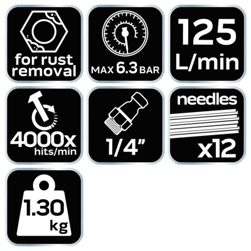 NEO TOOLS Pneumatikus tűs leverőgép rozsdához és hegesztési varratokhoz, 12x3mm 2 év garanciával 14-031