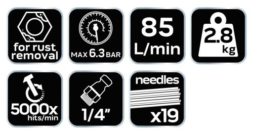 NEO TOOLS Pneumatikus tűs leverőgép rozsdához és hegesztési varratokhoz, 19x3mm 2 év garanciával 14-032