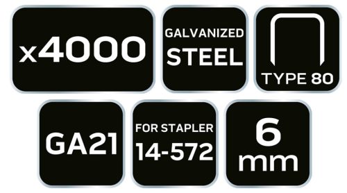 NEO TOOLS Tűzőkapocs, horganyzott 80-as tipus, pneumatikus tűzőgéphez (14-572), GA21, 6mm, 4000db 14-610