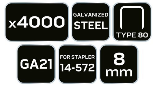 NEO TOOLS Tűzőkapocs, horganyzott 80-as tipus, pneumatikus tűzőgéphez (14-572), GA21, 8mm, 4000db 14-611
