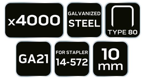 NEO TOOLS Tűzőkapocs, horganyzott 80-as tipus, pneumatikus tűzőgéphez (14-572), GA21, 10mm, 4000db 14-612