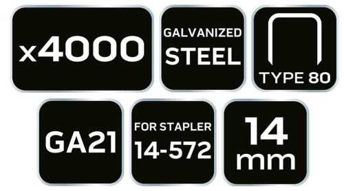 NEO TOOLS Tűzőkapocs, horganyzott 80-as tipus, pneumatikus tűzőgéphez (14-572), GA21, 14mm, 4000db 14-614