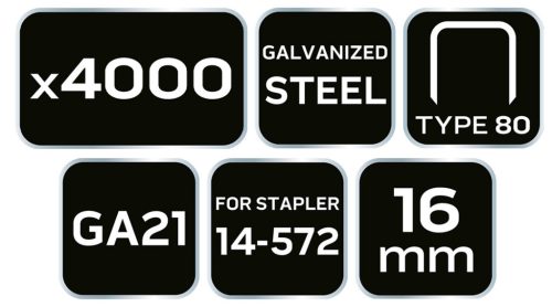NEO TOOLS Tűzőkapocs, horganyzott 80-as tipus, pneumatikus tűzőgéphez (14-572), GA21, 16mm, 4000db 14-615