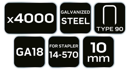 NEO TOOLS Tűzőkapocs, horganyzott 90-es tipus, pneumatikus tűzőgéphez (14-570), GA18, 10mm, 4000db 14-620