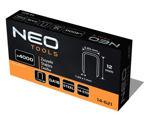 NEO TOOLS Tűzőkapocs, horganyzott 90-es tipus, pneumatikus tűzőgéphez (14-570), GA18, 12mm, 4000db 14-621