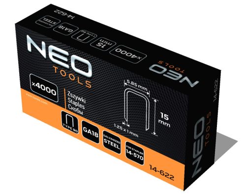 NEO TOOLS Tűzőkapocs, horganyzott 90-es tipus, pneumatikus tűzőgéphez (14-570), GA18, 15mm, 4000db 14-622
