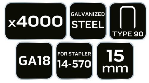 NEO TOOLS Tűzőkapocs, horganyzott 90-es tipus, pneumatikus tűzőgéphez (14-570), GA18, 15mm, 4000db 14-622