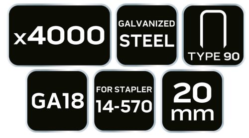 NEO TOOLS Tűzőkapocs, horganyzott 90-es tipus, pneumatikus tűzőgéphez (14-570), GA18, 20mm, 4000db 14-623