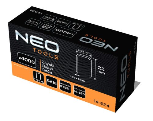 NEO TOOLS Tűzőkapocs, horganyzott 90-es tipus, pneumatikus tűzőgéphez (14-570), GA18, 22mm, 4000db 14-624