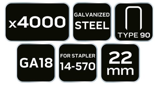 NEO TOOLS Tűzőkapocs, horganyzott 90-es tipus, pneumatikus tűzőgéphez (14-570), GA18, 22mm, 4000db 14-624