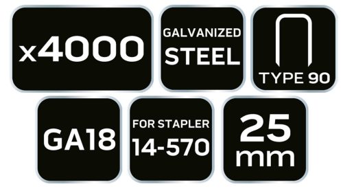 NEO TOOLS Tűzőkapocs, horganyzott 90-es tipus, pneumatikus tűzőgéphez (14-570), GA18, 25mm, 4000db 14-625
