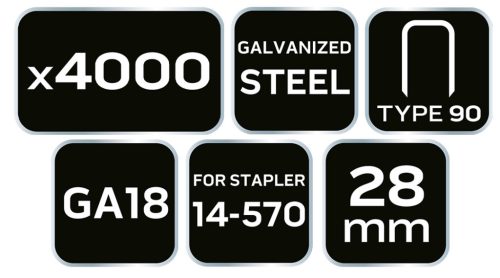 NEO TOOLS Tűzőkapocs, horganyzott 90-es tipus, pneumatikus tűzőgéphez (14-570), GA18, 28mm, 4000db 14-626