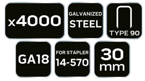NEO TOOLS Tűzőkapocs, horganyzott 90-es tipus, pneumatikus tűzőgéphez (14-570), GA18, 30mm, 4000db 14-627