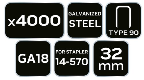 NEO TOOLS Tűzőkapocs, horganyzott 90-es tipus, pneumatikus tűzőgéphez (14-570), GA18, 32mm, 4000db 14-628