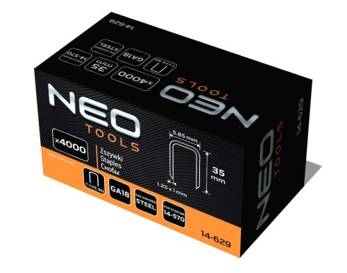 NEO TOOLS Tűzőkapocs, horganyzott 90-es tipus, pneumatikus tűzőgéphez (14-570), GA18, 35mm, 4000db 14-629