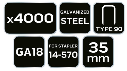 NEO TOOLS Tűzőkapocs, horganyzott 90-es tipus, pneumatikus tűzőgéphez (14-570), GA18, 35mm, 4000db 14-629
