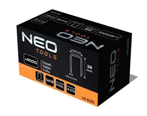 NEO TOOLS Tűzőkapocs, horganyzott 90-es tipus, pneumatikus tűzőgéphez (14-570), GA18, 38mm, 4000db 14-630
