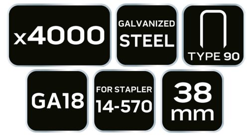 NEO TOOLS Tűzőkapocs, horganyzott 90-es tipus, pneumatikus tűzőgéphez (14-570), GA18, 38mm, 4000db 14-630