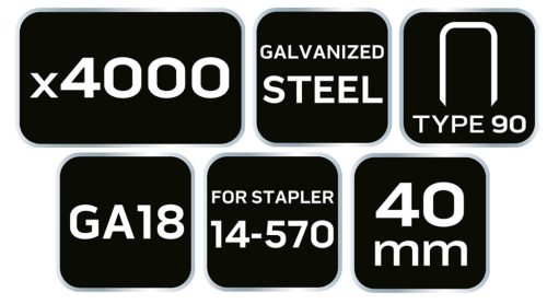 NEO TOOLS Tűzőkapocs, horganyzott 90-es tipus, pneumatikus tűzőgéphez (14-570), GA18, 40mm, 4000db 14-631
