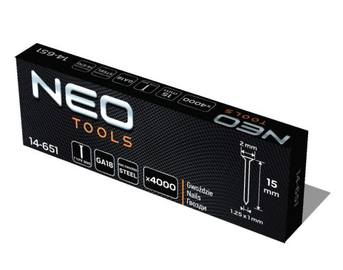 NEO TOOLS Tűzőszeg, horganyzott 300 (F) tipus, pneumatikus tűzőgéphez (14-570), GA18, 15mm, 4000db 14-651