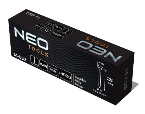 NEO TOOLS Tűzőszeg, horganyzott 300 (F) tipus, pneumatikus tűzőgéphez (14-570), GA18, 25mm, 4000db 14-653