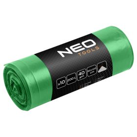   NEO TOOLS Szemeteszsák 200l, 90x120cm, zöld, erősített húzószalagos, vastagság:40mic, 10db 15-992