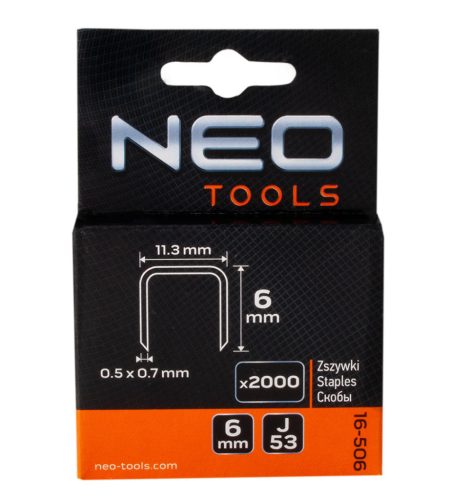NEO TOOLS Tűzőkapocs 6mm, J típus, 2000db 16-506