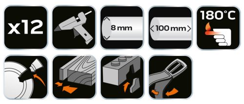 NEO TOOLS Ragasztópatron, 8x50mm, 12db, 31g, átlátszó fehér 17-180