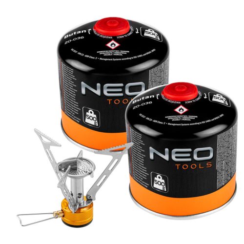 NEO TOOLS Kemping gázégő+ 2db gázpalack 20-060