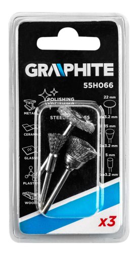 GRAPHITE Csapos kefe készlet 3db, acélsodrony befejezőkefe, pohárkefe, kerékkefe 55H066