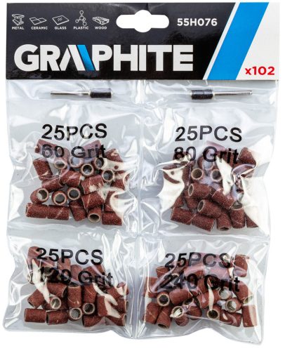 GRAPHITE Csiszolóhüvely 6.3mm, K60, K80, K120, K240, set 100db + szár 3.2mm, 2db 55H076