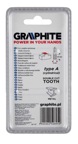GRAPHITE Keményfém marófej, turbómaró, A, hengeres, 8x20mm, szár méret: 6x45mm 55H351
