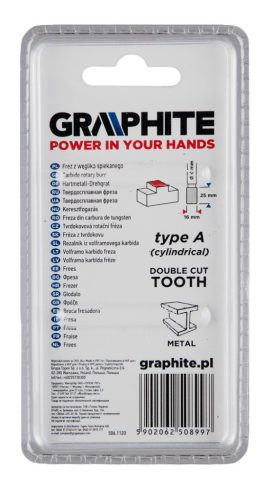 GRAPHITE Keményfém marófej, turbómaró, A, hengeres, 16x25mm, szár méret: 6x45mm 55H355