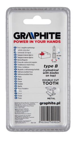GRAPHITE Keményfém marófej, turbómaró, B, hengeres, frontélezéssel, 12x25mm, szár méret: 6x45mm 55H358