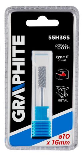 GRAPHITE Keményfém marófej, turbómaró, E csepp, ovális, 10x16mm, szár méret: 6x45mm 55H365
