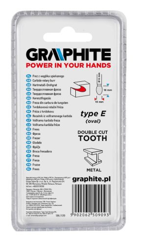 GRAPHITE Keményfém marófej, turbómaró, E csepp, ovális, 10x16mm, szár méret: 6x45mm 55H365