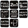 NEO TOOLS Taktikai kés, full-tang, teljes hossz 20cm, rozsdamentes acél, kovakő tűzgyújtáshoz, 9cm penge hossz 63-109
