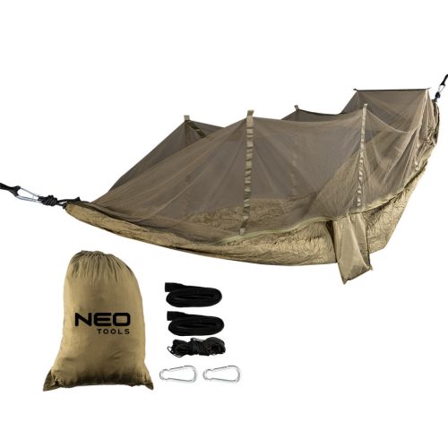 NEO TOOLS Függőágy szúnyoghálóval 330x140cm, 210T nylon, maxterhelhetőség 200kg, sötétzöld 63-123