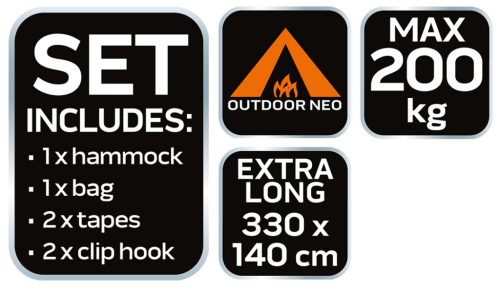 NEO TOOLS Függőágy 330x140cm, 210T nylon, maxterhelhetőség 200kg, sötétzöld 63-124