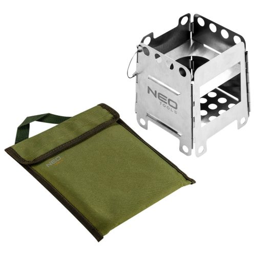 NEO TOOLS Kemping tűzhely, összecsukható, rozsdamentes acél, 16*11.5/12.8cm, súly 369g, szövet tokkal 63-126