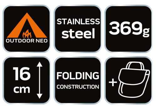 NEO TOOLS Kemping tűzhely, összecsukható, rozsdamentes acél, 16*11.5/12.8cm, súly 369g, szövet tokkal 63-126
