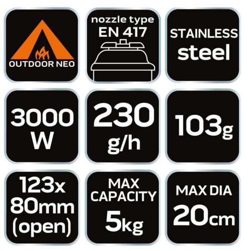 NEO TOOLS Kemping gázégő, EN417 szerinti, 123x80mm, maxedényátmérő 200mm, súly 103g, 3000W teljesítmény, rozsdamentes acél 63-128
