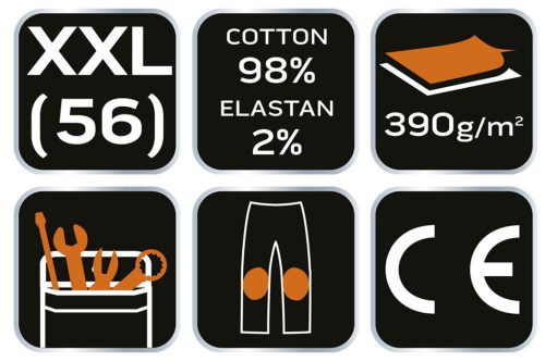 NEO TOOLS Farmer Munkásnadrág, DENIM, 98% pamut, térdvédő betét zsebbel, gombos oldalzsebekkel, 255 g/m2, XXL 81-228-XXL