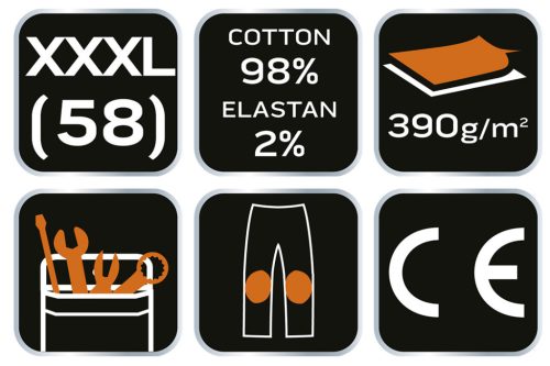 NEO TOOLS Farmer Munkásnadrág, DENIM, 98% pamut, térdvédő betét zsebbel, gombos oldalzsebekkel, 255 g/m2, XXXL 81-228-XXXL