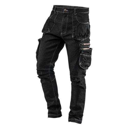 NEO TOOLS Farmer Munkásnadrág, DENIM, fekete, cipzáros oldalzsebekkel, 98% pamut, 410 g/m2, XS 81-233-XS