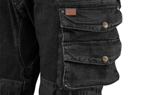 NEO TOOLS Farmer Munkásnadrág, DENIM, fekete, 98% pamut, térdvédő zseb, gombos oldalzsebek, 255 g/m2, L 81-236-L