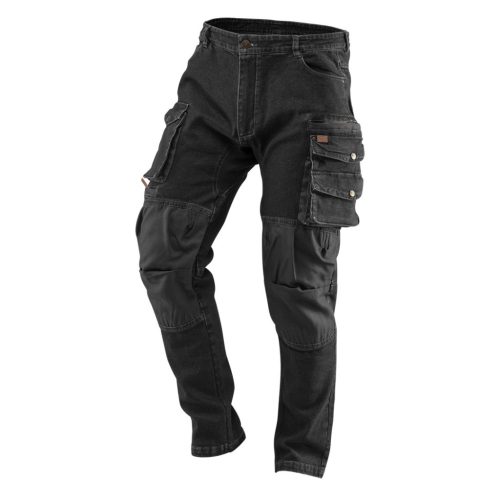 NEO TOOLS Farmer Munkásnadrág, DENIM, fekete, 98% pamut, térdvédő zseb, gombos oldalzsebek, 255 g/m2, XL 81-236-XL